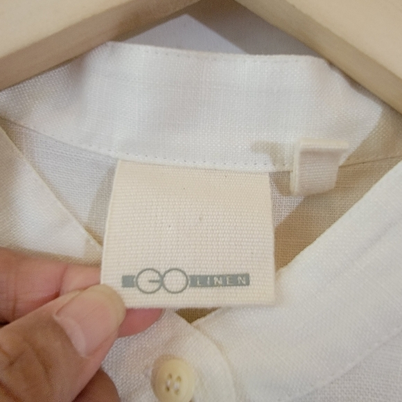 GO LINEN Women White High-Neck Button-Up Tunic Sz XL 3/4 Sleeve Lagenlook Beachy - Picture 9 of 11